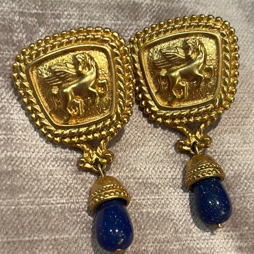 Vintage 80’s Avon Gold Pegasus Horse Earrings with Royal Blue Lapis Drop Beads